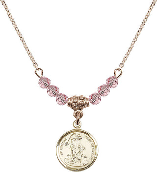 18" Hamilton Gold Plated Necklace with 4mm Light Rose Crystal Beads featuring a 14kt Gold Filled Guardian Angel Medal. Engraved Catholic Saint Jewelry