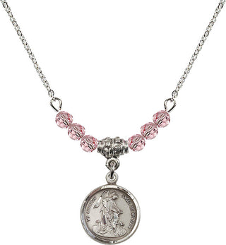 18" Rhodium Plated Necklace with 4mm Light Rose Crystal Beads featuring a Sterling Silver Guardian Angel Medal. Engraved Catholic Saint Jewelry