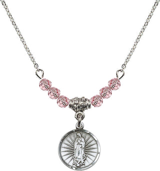 18" Rhodium Plated Necklace with 4mm Light Rose Crystal Beads featuring a Sterling Silver Our Lady of Guadalupe Medal. Engraved Catholic Saint Jewelry