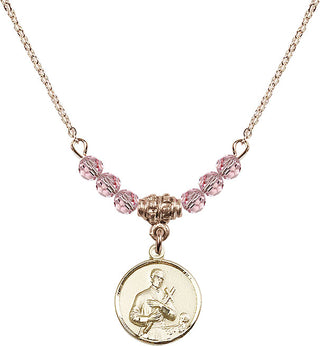 18" Hamilton Gold Plated Necklace with 4mm Light Rose Crystal Beads featuring a 14kt Gold Filled Saint Gerard Medal. Engraved Catholic Saint Jewelry
