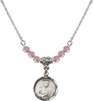 18" Rhodium Plated Necklace with 4mm Light Rose Crystal Beads featuring a Sterling Silver Saint Jude Medal. Engraved Catholic Saint Jewelry