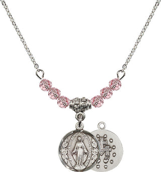 18" Rhodium Plated Necklace with 4mm Light Rose Crystal Beads featuring a Sterling Silver Miraculous Medal.