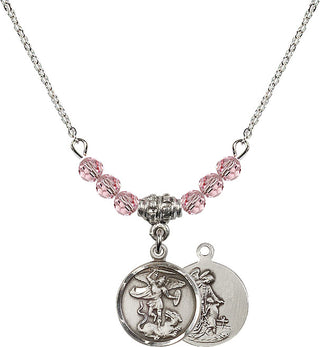 18" Rhodium Plated Necklace with 4mm Light Rose Crystal Beads featuring a Sterling Silver Saint Michael the Archangel Medal.