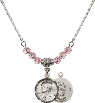 18" Rhodium Plated Necklace with 4mm Light Rose Crystal Beads featuring a Sterling Silver Scapular Medal.