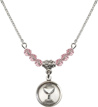 18" Rhodium Plated Necklace with 4mm Light Rose Crystal Beads featuring a Sterling Silver Communion Medal. Engraved Catholic Saint Jewelry