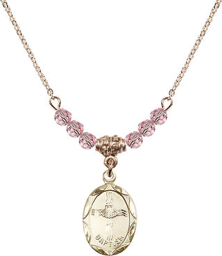18" Hamilton Gold Plated Necklace with 4mm Light Rose Crystal Beads featuring a 14kt Gold Filled Baptism Medal. Engraved Catholic Saint Jewelry