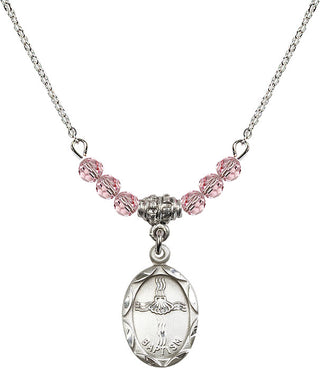 18" Rhodium Plated Necklace with 4mm Light Rose Crystal Beads featuring a Sterling Silver Baptism Medal. Engraved Catholic Saint Jewelry
