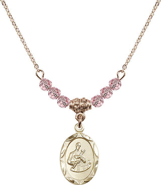 18" Hamilton Gold Plated Necklace with 4mm Light Rose Crystal Beads featuring a 14kt Gold Filled Saint Gerard Medal. Engraved Catholic Saint Jewelry