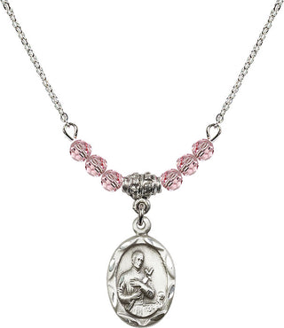 18" Rhodium Plated Necklace with 4mm Light Rose Crystal Beads featuring a Sterling Silver Saint Gerard Medal. Engraved Catholic Saint Jewelry