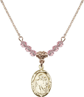 18" Hamilton Gold Plated Necklace with 4mm Light Rose Crystal Beads featuring a 14kt Gold Filled Saint Joseph Medal. Engraved Catholic Saint Jewelry