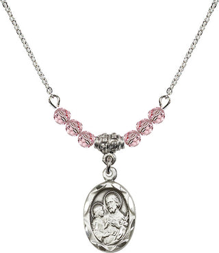 18" Rhodium Plated Necklace with 4mm Light Rose Crystal Beads featuring a Sterling Silver Saint Joseph Medal. Engraved Catholic Saint Jewelry