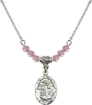 18" Rhodium Plated Necklace with 4mm Light Rose Crystal Beads featuring a Sterling Silver Saint Michael the Archangel Medal.