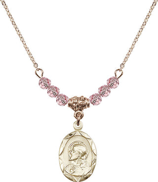 18" Hamilton Gold Plated Necklace with 4mm Light Rose Crystal Beads featuring a 14kt Gold Filled Scapular Medal.