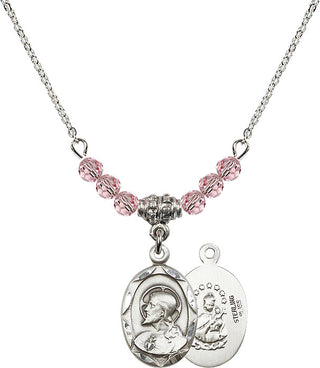 18" Rhodium Plated Necklace with 4mm Light Rose Crystal Beads featuring a Sterling Silver Scapular Medal.