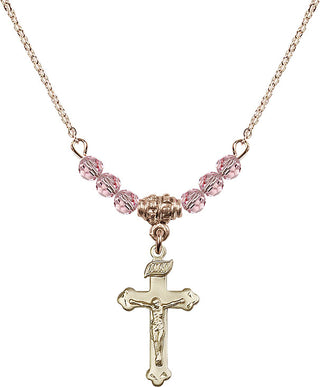 18" Hamilton Gold Plated Necklace with 4mm Light Rose Crystal Beads featuring a 14kt Gold Filled Crucifix Medal.