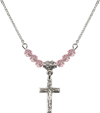 18" Rhodium Plated Necklace with 4mm Light Rose Crystal Beads featuring a Sterling Silver Crucifix Medal.
