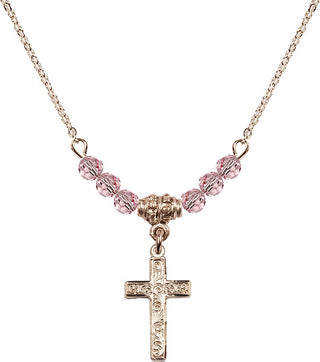 18" Hamilton Gold Plated Necklace with 4mm Light Rose Crystal Beads featuring a 14kt Gold Filled Cross Medal.