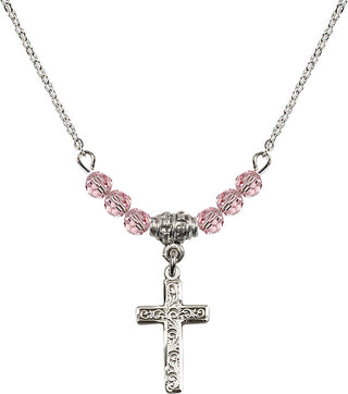 18" Rhodium Plated Necklace with 4mm Light Rose Crystal Beads featuring a Sterling Silver Cross Medal.