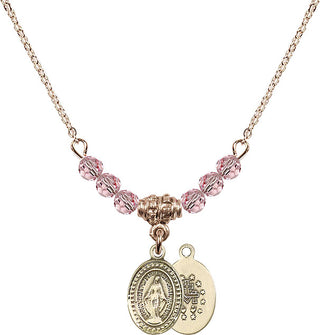 18" Hamilton Gold Plated Necklace with 4mm Light Rose Crystal Beads featuring a 14kt Gold Filled Miraculous Medal.