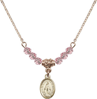 18" Hamilton Gold Plated Necklace with 4mm Light Rose Crystal Beads featuring a 14kt Gold Filled Miraculous Medal.