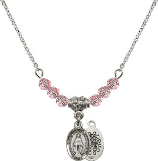 18" Rhodium Plated Necklace with 4mm Light Rose Crystal Beads featuring a Sterling Silver Miraculous Medal.