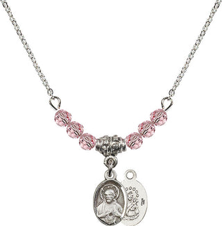 18" Rhodium Plated Necklace with 4mm Light Rose Crystal Beads featuring a Sterling Silver Scapular Medal.