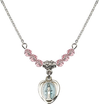 18" Rhodium Plated Necklace with 4mm Light Rose Crystal Beads featuring a Sterling Silver Miraculous Medal.