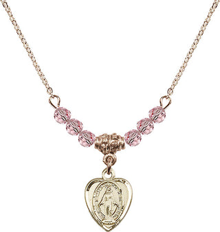 18" Hamilton Gold Plated Necklace with 4mm Light Rose Crystal Beads featuring a 14kt Gold Filled Miraculous Medal.
