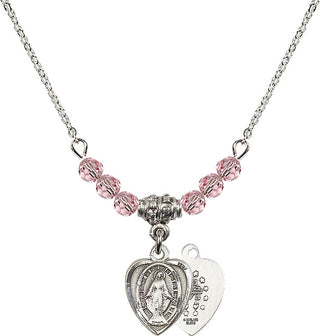 18" Rhodium Plated Necklace with 4mm Light Rose Crystal Beads featuring a Sterling Silver Miraculous Medal.