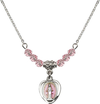 18" Rhodium Plated Necklace with 4mm Light Rose Crystal Beads featuring a Sterling Silver Miraculous Medal.