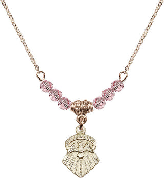 18" Hamilton Gold Plated Necklace with 4mm Light Rose Crystal Beads featuring a 14kt Gold Filled Seven Gifts Medal.