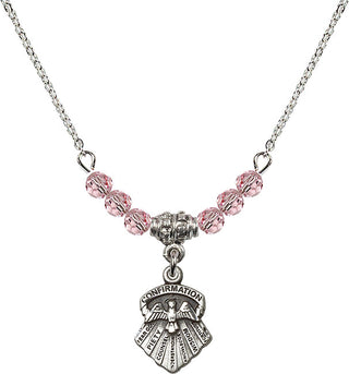 18" Rhodium Plated Necklace with 4mm Light Rose Crystal Beads featuring a Sterling Silver Seven Gifts Medal.