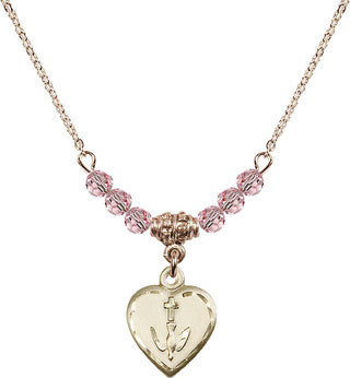 18" Hamilton Gold Plated Necklace with 4mm Light Rose Crystal Beads featuring a 14kt Gold Filled Heart / Confirmation Medal.