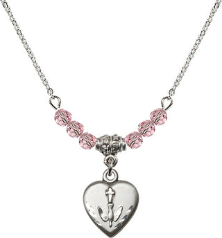 18" Rhodium Plated Necklace with 4mm Light Rose Crystal Beads featuring a Sterling Silver Heart / Confirmation Medal.