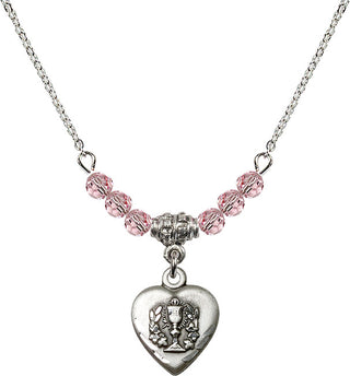 18" Rhodium Plated Necklace with 4mm Light Rose Crystal Beads featuring a Sterling Silver Heart / Communion Medal.