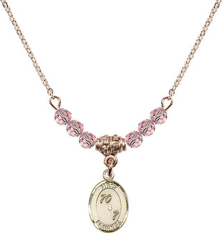 18" Hamilton Gold Plated Necklace with 4mm Light Rose Crystal Beads featuring a 14kt Gold Filled First Penance Medal.