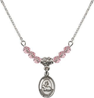 18" Rhodium Plated Necklace with 4mm Light Rose Crystal Beads featuring a Sterling Silver First Reconciliation Medal.