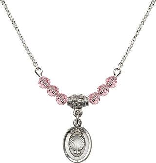 18" Rhodium Plated Necklace with 4mm Light Rose Crystal Beads featuring a Sterling Silver Baptism Medal.