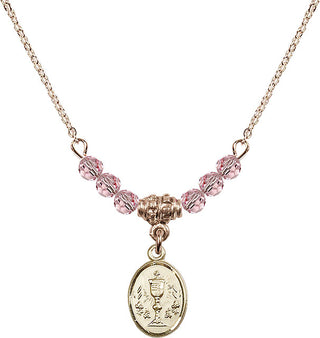 18" Hamilton Gold Plated Necklace with 4mm Light Rose Crystal Beads featuring a 14kt Gold Filled Chalice Medal.