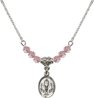 18" Rhodium Plated Necklace with 4mm Light Rose Crystal Beads featuring a Sterling Silver Chalice Medal.