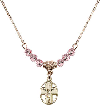 18" Hamilton Gold Plated Necklace with 4mm Light Rose Crystal Beads featuring a 14kt Gold Filled Crucifix Medal.