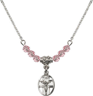 18" Rhodium Plated Necklace with 4mm Light Rose Crystal Beads featuring a Sterling Silver Crucifix Medal.