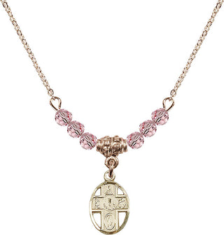 18" Hamilton Gold Plated Necklace with 4mm Light Rose Crystal Beads featuring a 14kt Gold Filled 5-Way / Chalice Medal.
