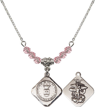 18" Rhodium Plated Necklace with 4mm Light Rose Crystal Beads featuring a Sterling Silver Air Force Diamond Medal.
