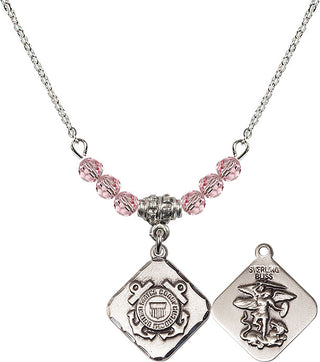 18" Rhodium Plated Necklace with 4mm Light Rose Crystal Beads featuring a Sterling Silver Coast Guard Diamond Medal.