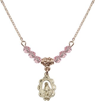 18" Hamilton Gold Plated Necklace with 4mm Light Rose Crystal Beads featuring a 14kt Gold Filled Miraculous Medal.