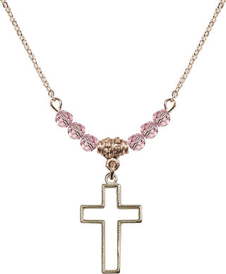 18" Hamilton Gold Plated Necklace with 4mm Light Rose Crystal Beads featuring a 14kt Gold Filled Cross Medal.