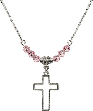18" Rhodium Plated Necklace with 4mm Light Rose Crystal Beads featuring a Sterling Silver Cross Medal.