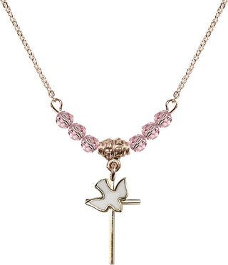 18" Hamilton Gold Plated Necklace with 4mm Light Rose Crystal Beads featuring a 14kt Gold Filled Cross / Holy Spirit Medal.