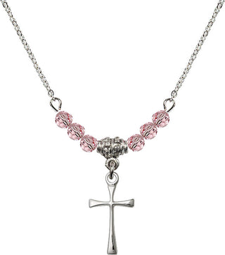 18" Rhodium Plated Necklace with 4mm Light Rose Crystal Beads featuring a Sterling Silver Maltese Cross Medal.